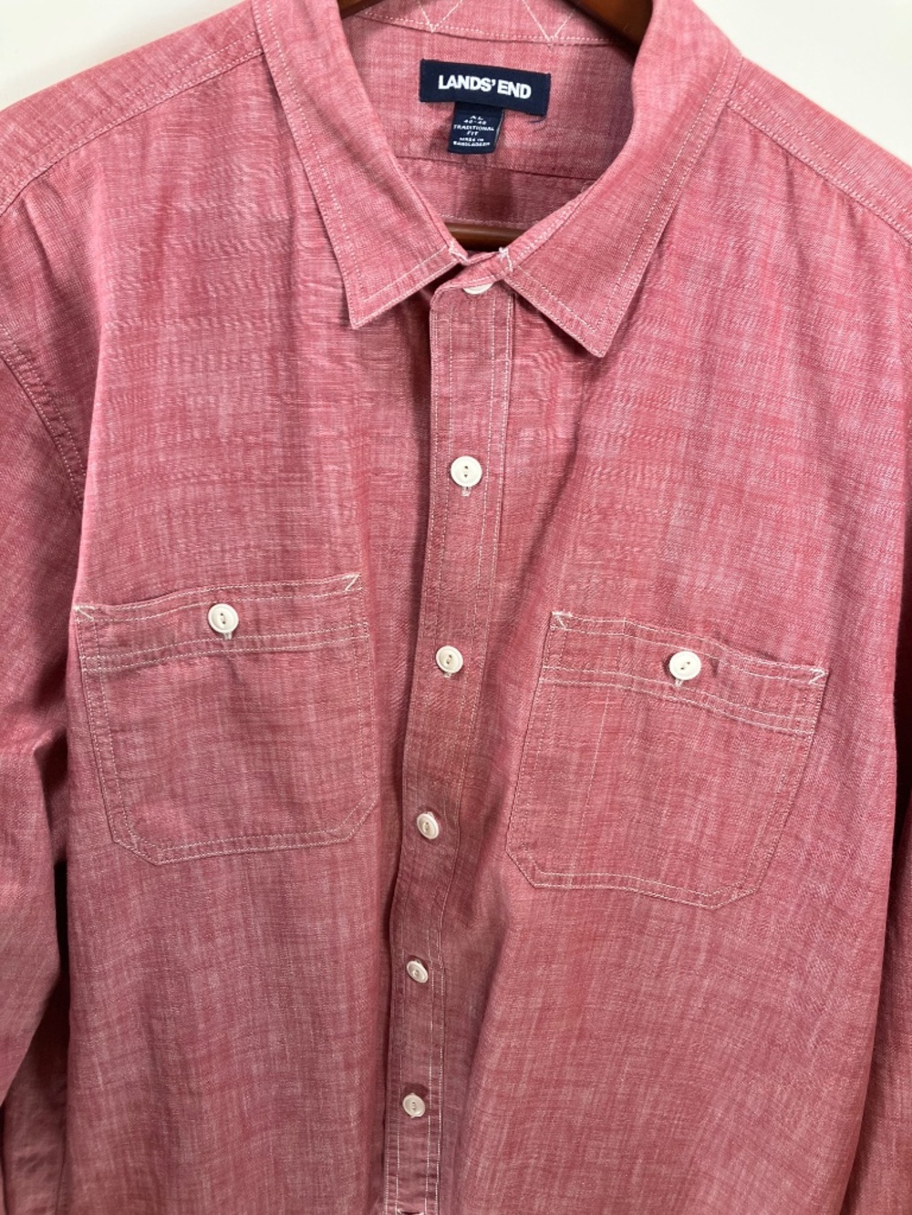 Lands' End Men's Button-up Shirt Cranberry Red with White Stitch Size XL 46-48